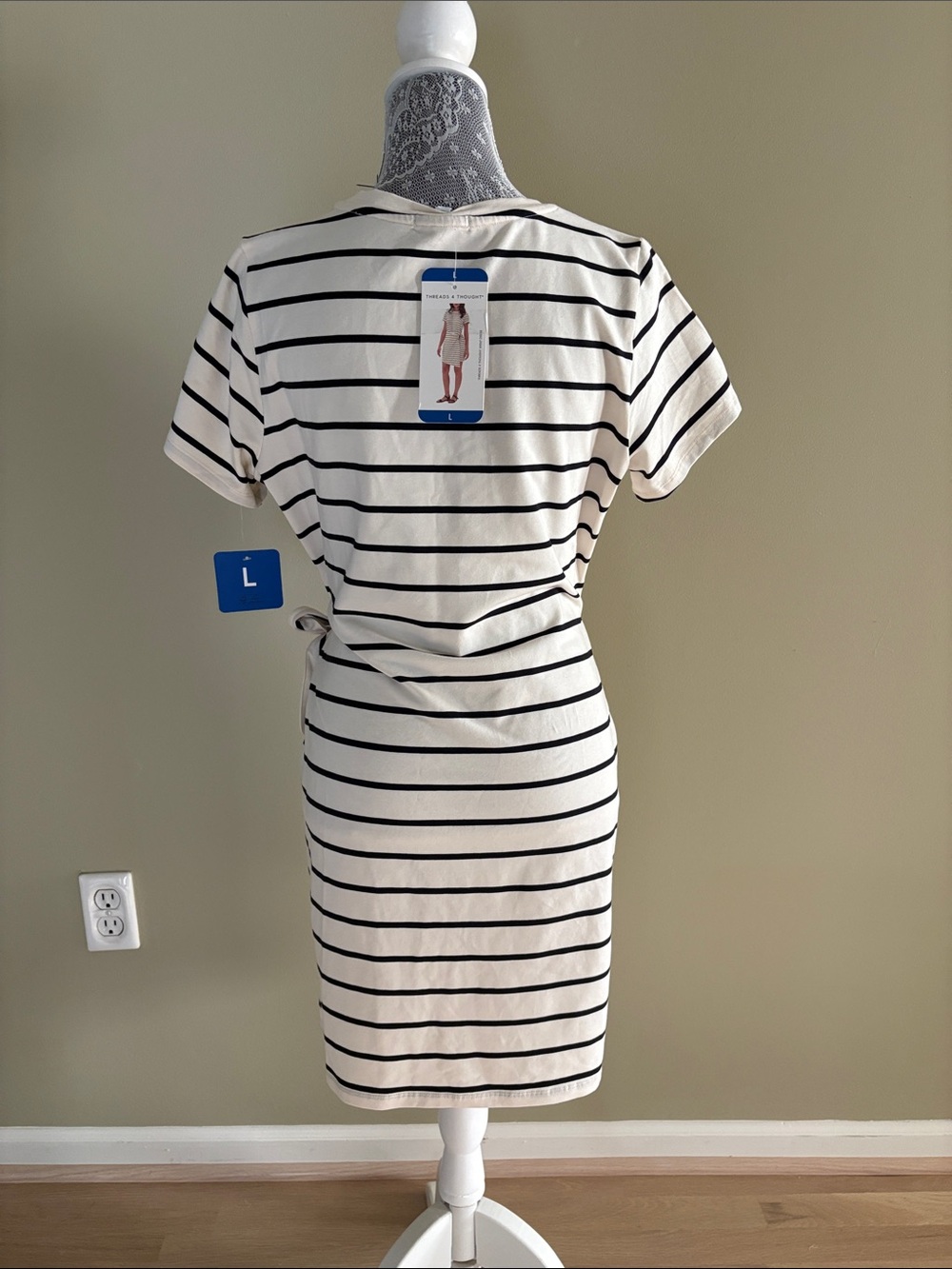 NWT Threads 4 Thought Cream and Black Striped Tie-Waist Dress - Picture 4 of 5